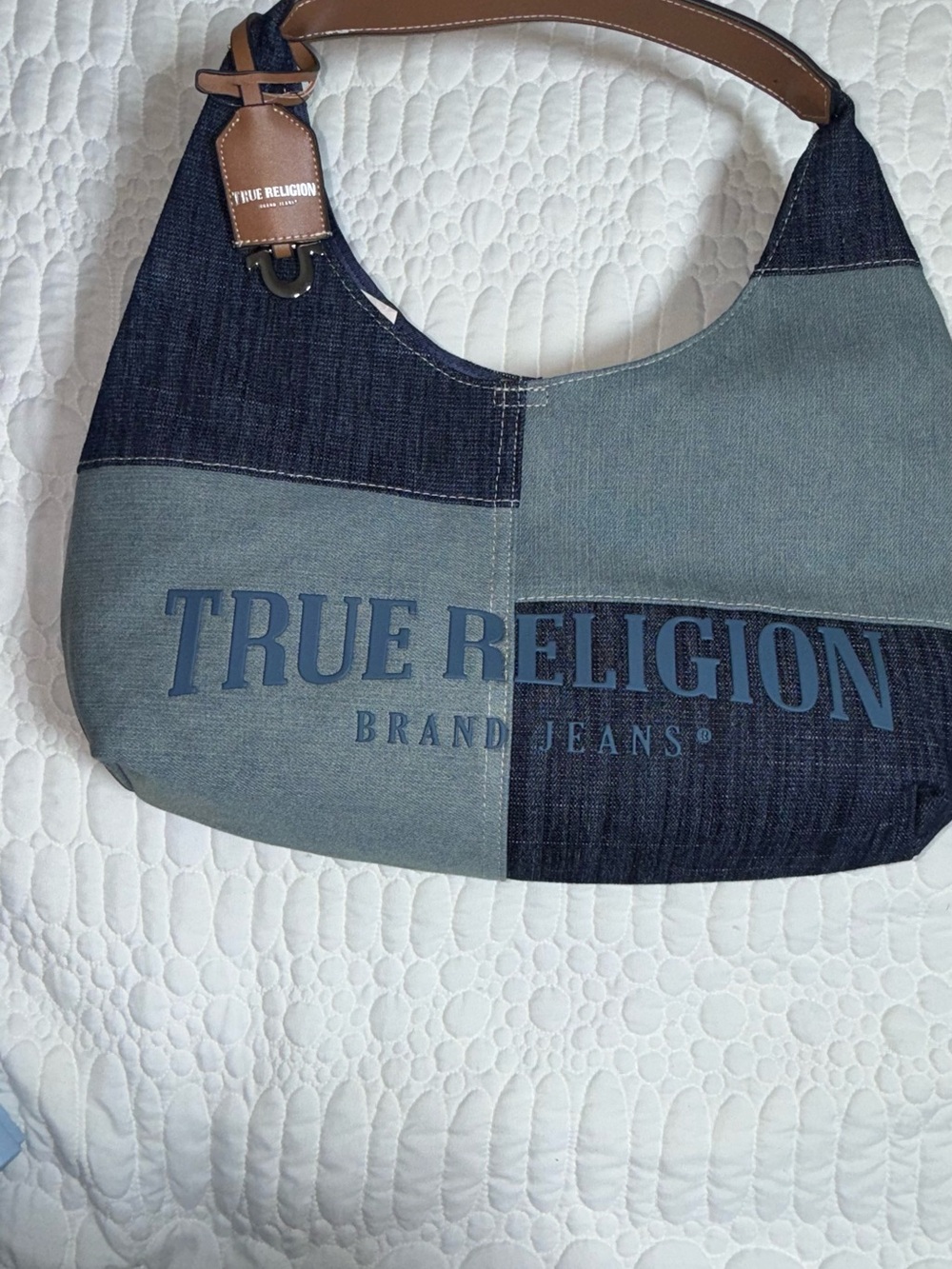 True Religion Two-Tone Denim Shoulder Bag with Tan Accents - Picture 4 of 7